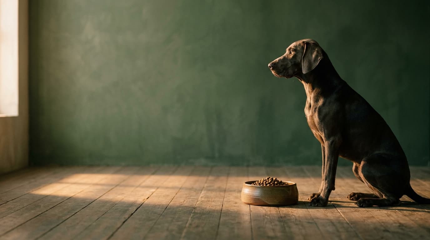 Hund sitzt geduldig vor seinem Napf