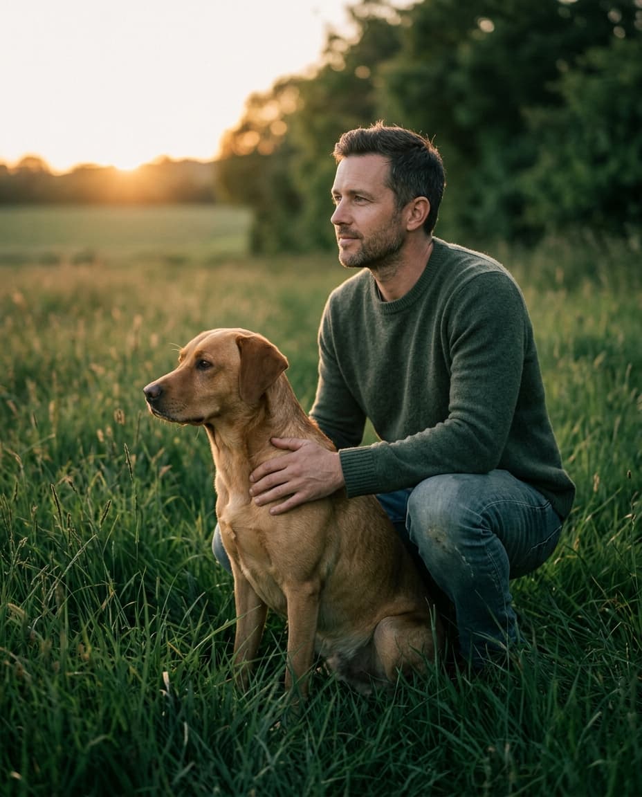 Ronny Simon mit einem Hund im warmen Abendlicht